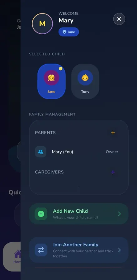 Pixy family management screen showing two children, a parent marked as owner, and a caregivers section
