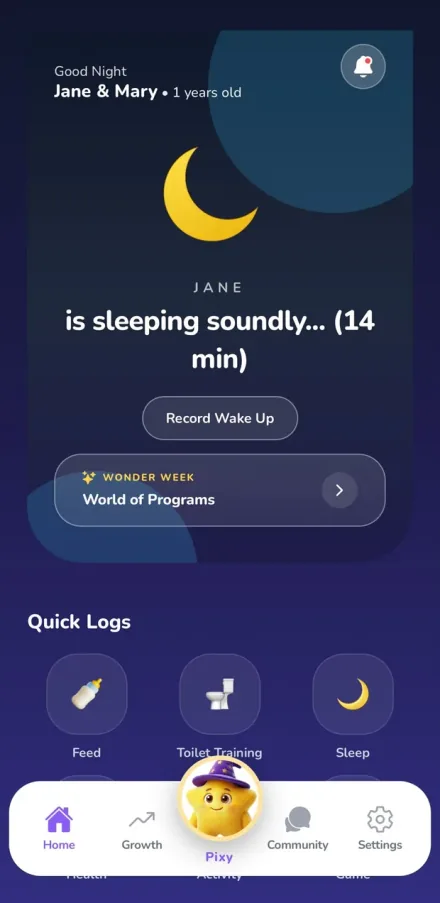 Pixy in night mode, showing the child asleep and quick log shortcuts